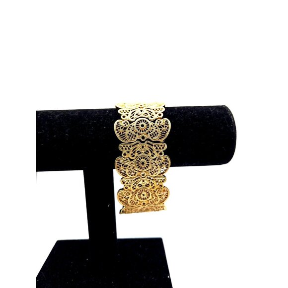 Vintage Lacey Gold Metal Stretch Bracelet Cuff 1.5 inch thick 1980s - Picture 1 of 4